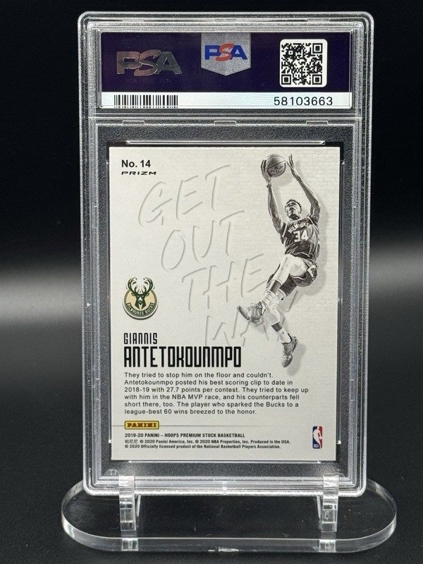 2019-20 Hoops Premium Stock Giannis Antetokounmpo Get Out The Way Holo PSA 10 view 2