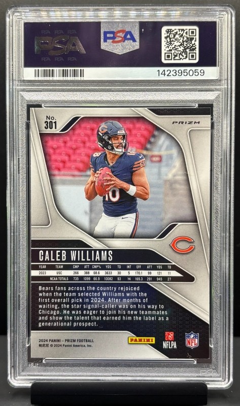 2024 Panini Prizm 301 Caleb Williams ORANGE LAZER Prizm Rookie RC PSA 9 MT Bears view 2