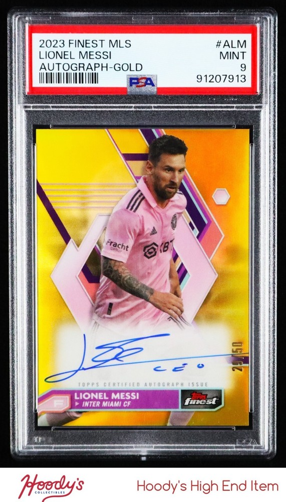 2023 Finest MLS Autographs Gold Refractor Lionel Messi ON CARD AUTO 29/50 PSA 9