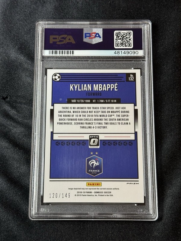 PSA 8 Kylian Mbappe 2018-19 Donruss Optic Aqua Prizm Rookie #120/149 France #132 view 2