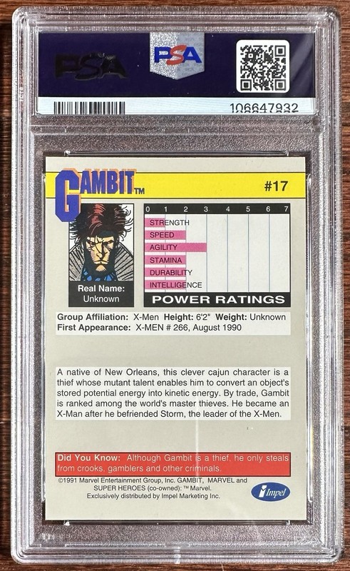 1991 Marvel Impel, Gambit, #17, PSA 9 Mint view 2