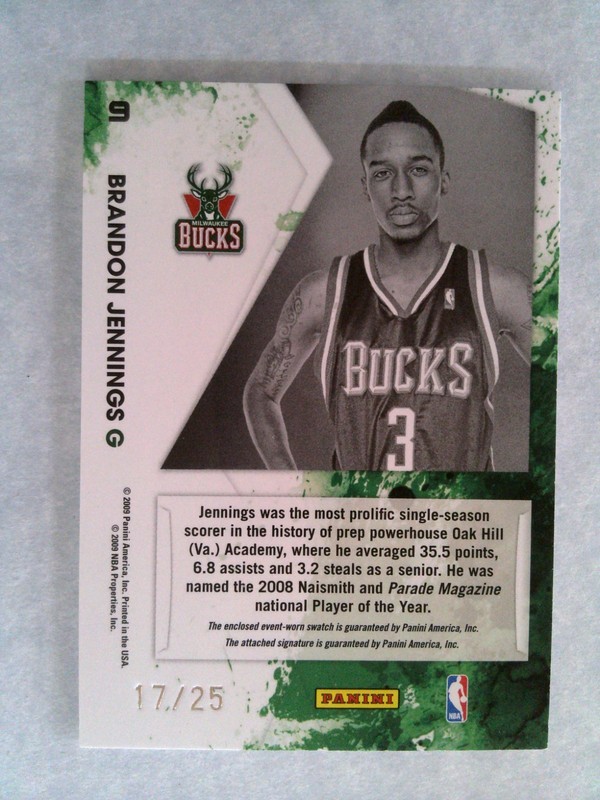 2009-10 Panini Rookies & Stars Brandon Jennings #9 Rookie Patch Auto /25 Bucks view 2