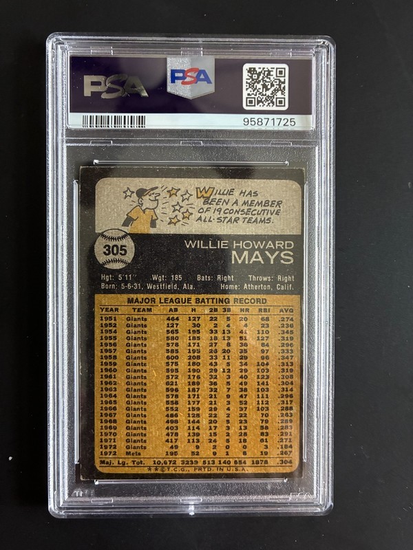 1973 Topps Willie Mays #305 New York Mets HOF PSA 4 view 2