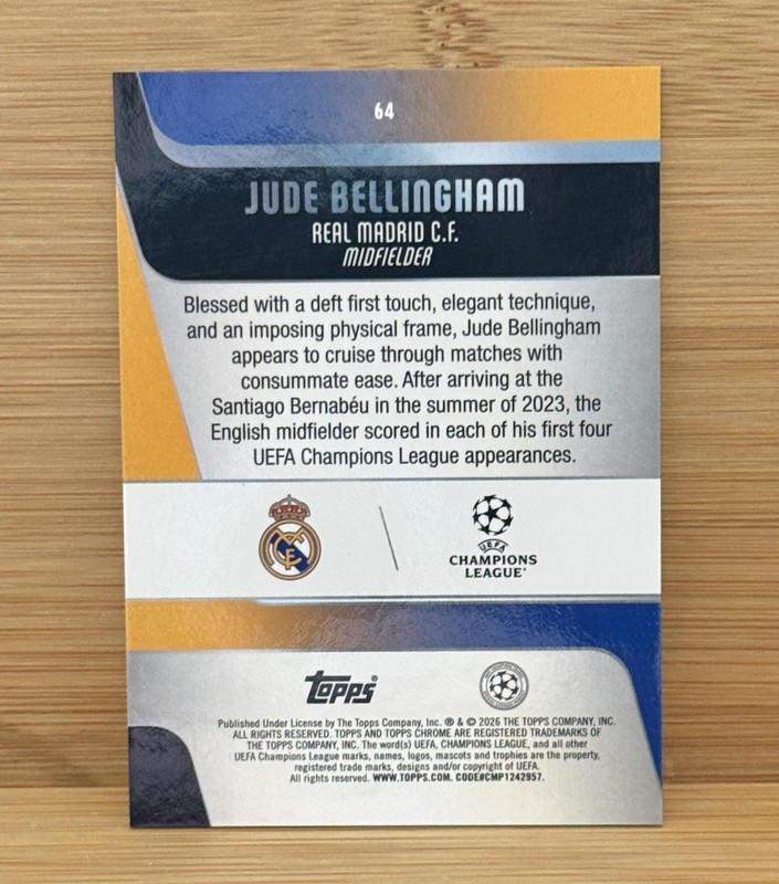 JUDE BELLINGHAM 2025-26 TOPPS CHROME UCL AQUA REFRACTOR /199 #64 view 2