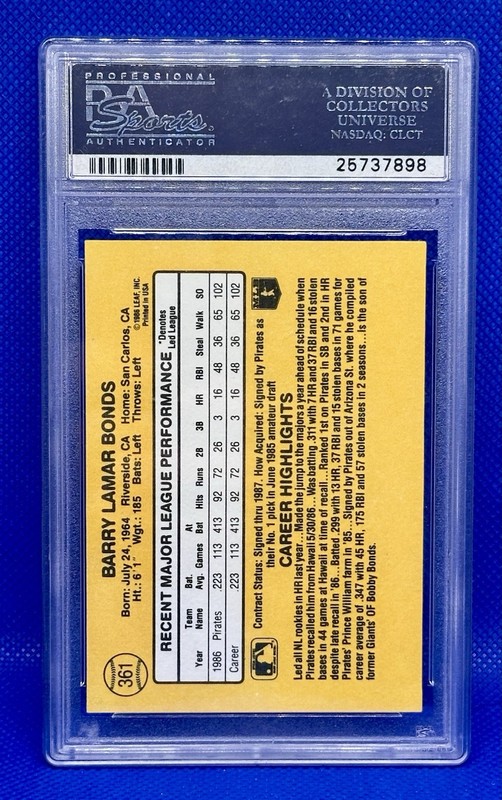 1987 Donruss #361 Barry Bonds (RC) PSA 10 view 2