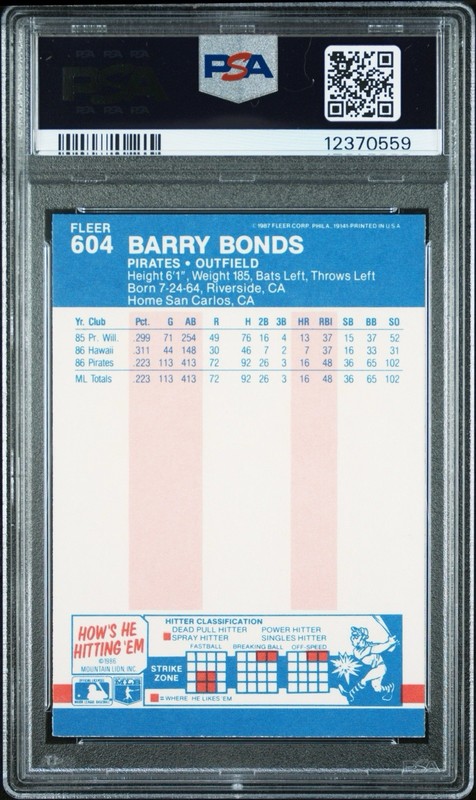 1987 Fleer #604 Barry Bonds (RC) PSA 10 view 2