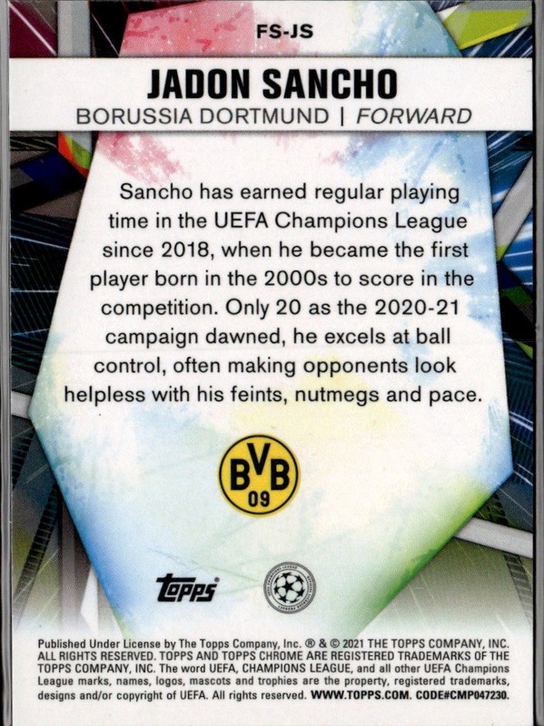 2021 Topps Chrome Sapphire Soccer Jadon Sancho Borussia Dortmund #FS-JS view 2