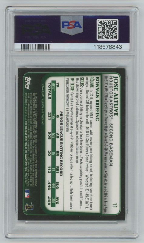 Jose Altuve 2011 Bowman Draft Picks & Prospects Chrome RC PSA 8 #11 Houston view 2