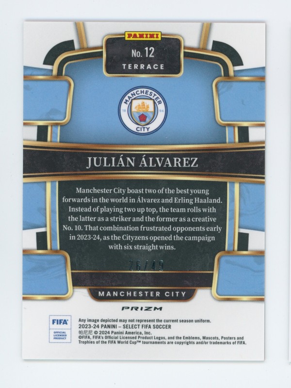 2023-24 Julian Alvarez Panini Select FIFA Orange Prizm Manchester City 26/49 view 2