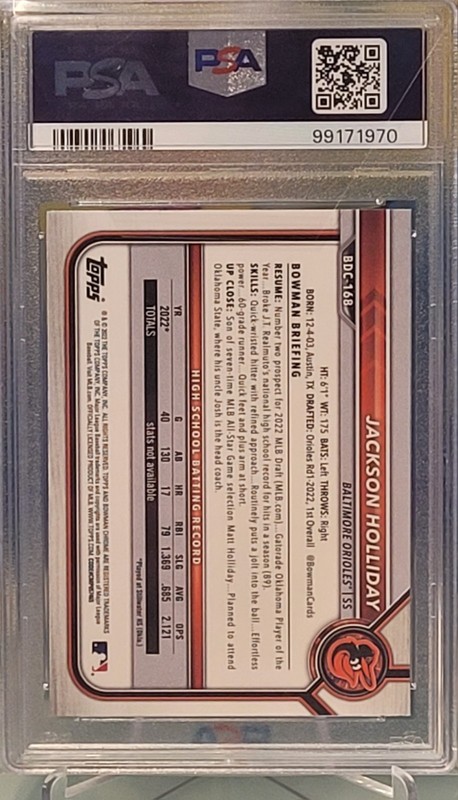 2022 Bowman Draft Chrome Jackson Holliday #BDC168 Sapphire Edition PSA 9 MINT view 2