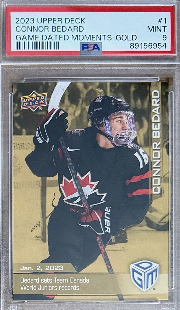 Connor Bedard Rookie 2023 Upper Deck Game Dated Moments #1 Gold 100 Print PSA 9