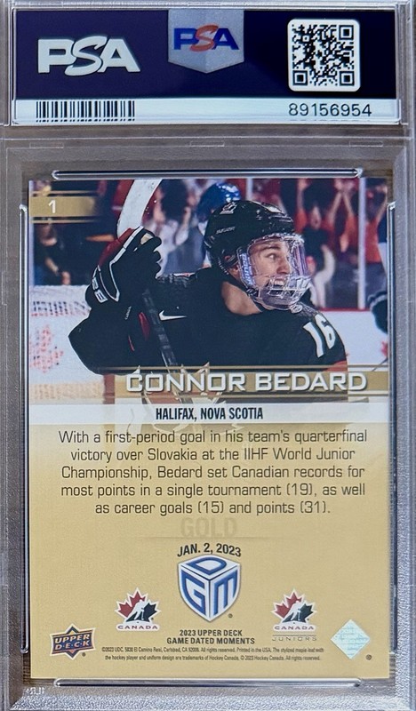 Connor Bedard Rookie 2023 Upper Deck Game Dated Moments #1 Gold 100 Print PSA 9 view 2
