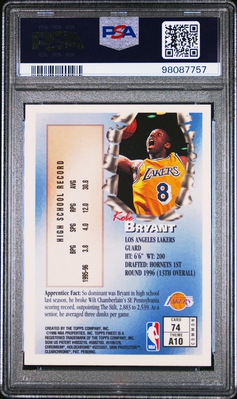 1996-97 Topps Finest #74 Kobe Bryant Lakers RC PSA 8 view 2