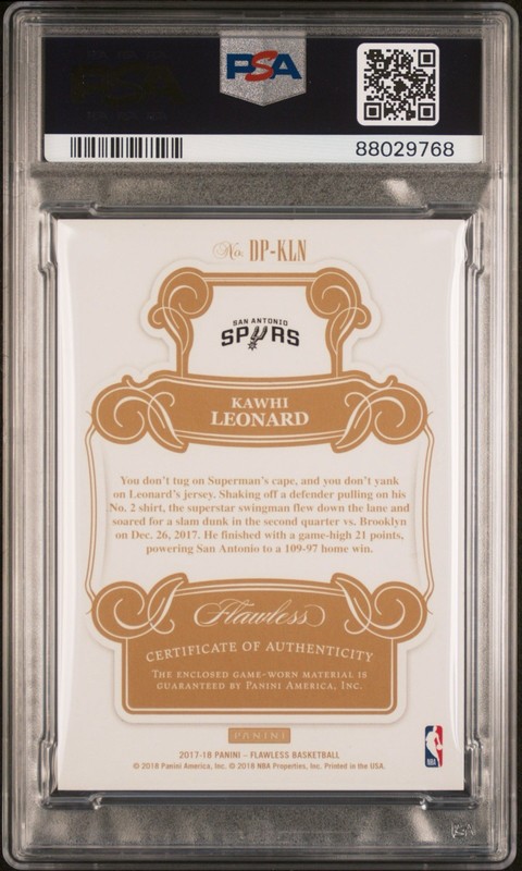 Kawhi Leonard 2017 Panini Flawless Dual Patch Game Worn Gold /10 PSA 9 Mint view 2