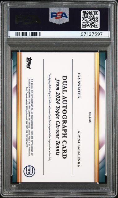 PSA 9 Iga Swiatek Aryna Sabalenka 2024 Topps Chrome Tennis Dual Auto 5/25 CDA-SS view 2