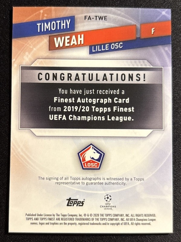 Timothy Weah 2019-20 Topps Finest UEFA Champions League SUPERFRACTOR AUTO #1/1 view 2