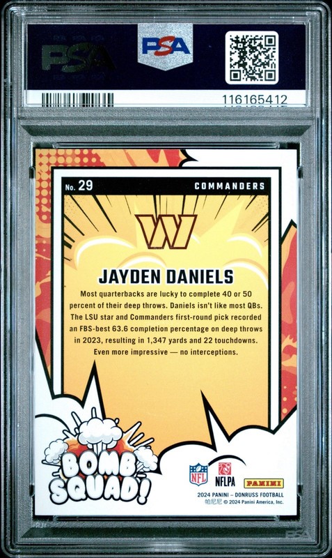 2024 Donruss Jayden Daniels Bomb Squad Holo /100 #29 PSA 10 Rookie RC Rare Pop 7 view 2