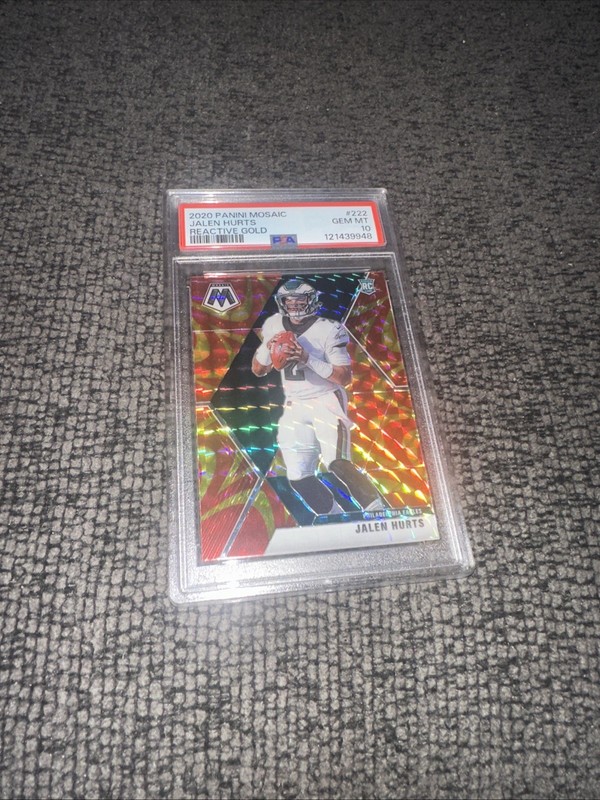 2020 Panini Mosaic #222 Jalen Hurts Reactive Gold PSA 10 view 2