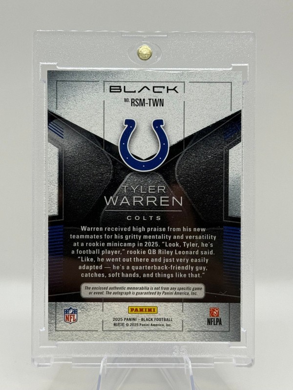 2025 Black Tyler Warren Rookie Dual Patch AUTO Orange # /50 Colts RC AU MEM view 2