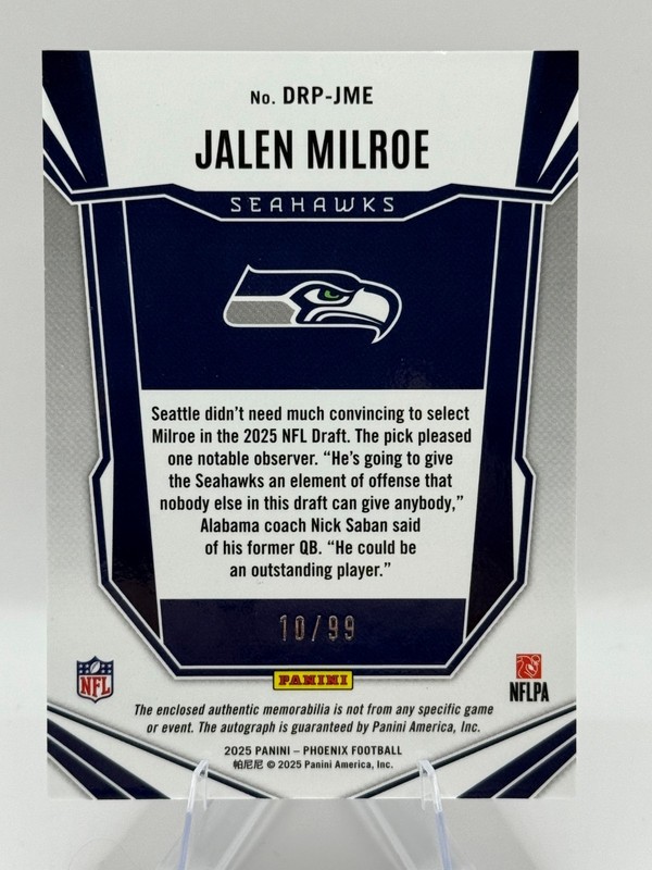 2025  Phoenix Dual Jalen Milroe Rookie Patch Auto RPA /99 Seahawks 4 color patch view 2