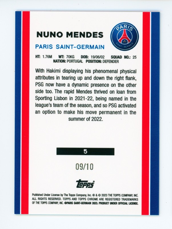 2022-23 Nuno Mendes Topps Chrome Team Set Gold Refractor PSG Soccer Card 9/10 view 2