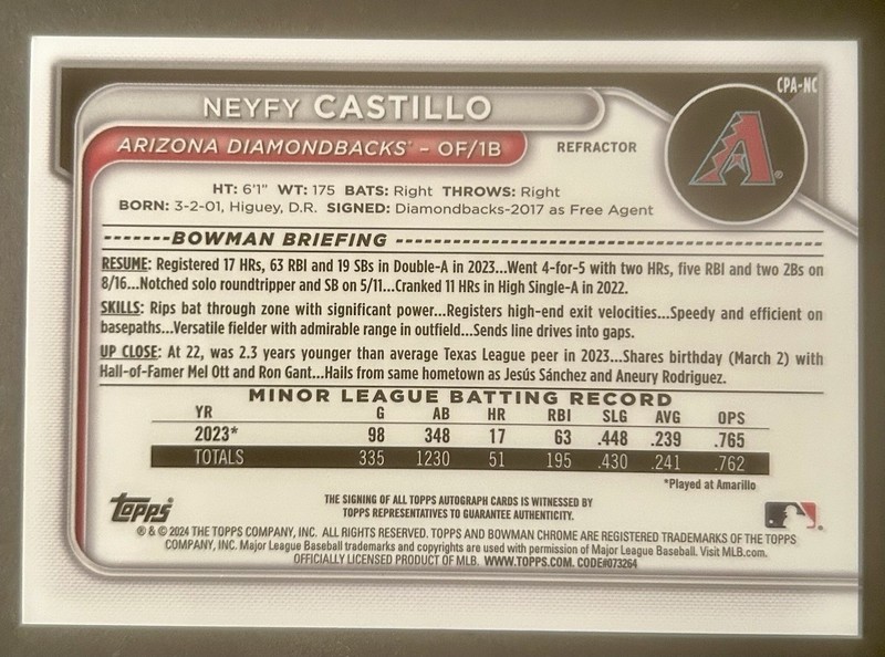 Neyfy Castillo 2024 Bowman Chrome 1st Prospect Refractor AUTO /499 Diamondbacks view 2