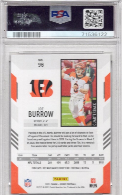 2021 Score JOE BURROW /20 PSA 10 SSP Red Zone Second Year Gem Mint Bengals POP 3 view 2