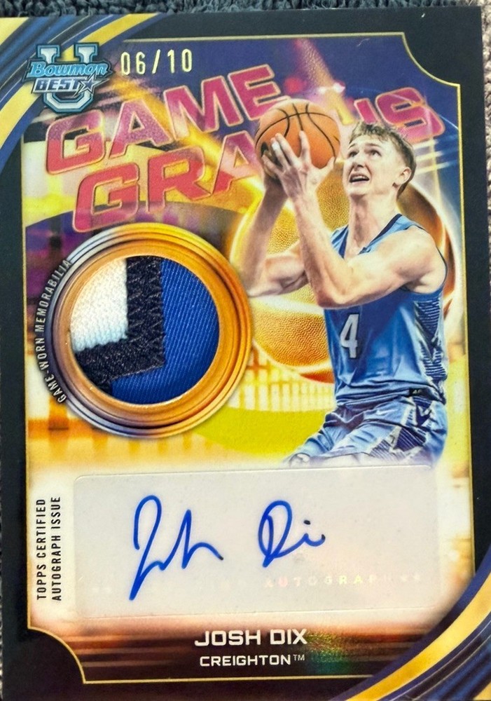 Topps Bowman University’s Best 2025-26 Game Graphs Josh Dix Auto Patch /10
