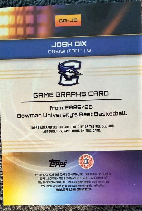 Topps Bowman University’s Best 2025-26 Game Graphs Josh Dix Auto Patch /10 view 2