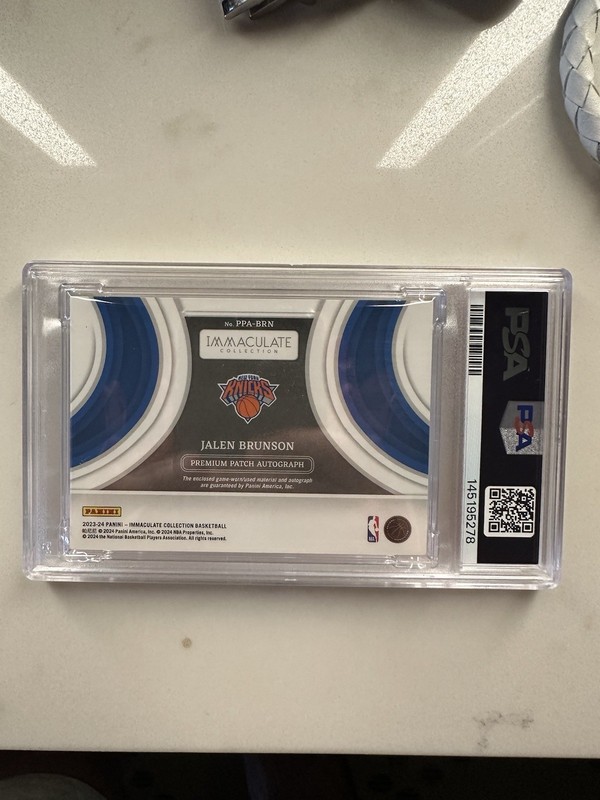 2023 IMMACULATE JALEN BRUNSON GAME USED LOGO PATCH AUTO 3/3 = 1/1 PSA 9 KNICKS view 2