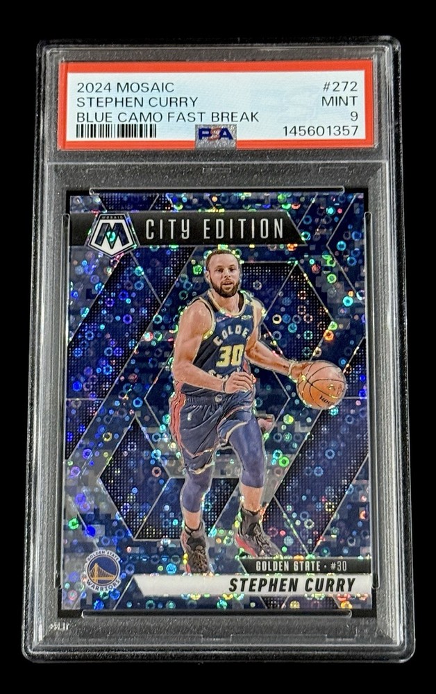 Stephen Curry 2024-25 Mosaic Blue Camo Fast Break Prizm #’d/35 PSA 9 MINT