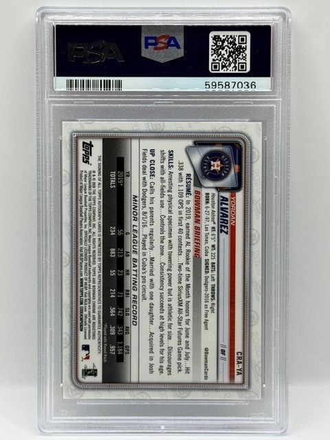 2020 Bowman Chrome Yordan Alvarez Blue Rookie Refractor Auto # /150 PSA 9 Astros view 2