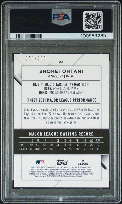 2022 Topps Finest - Shohei Ohtani Blue Aqua Vapor Refractor /250 PSA GEM MINT 10 view 2