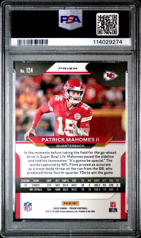 2020 Panini Prizm #124 Patrick Mahomes II Prizm Hyper #/175 PSA 10 view 2