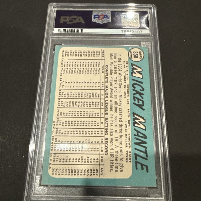 1965 TOPPS #350 MICKEY MANTLE PSA 4 view 2