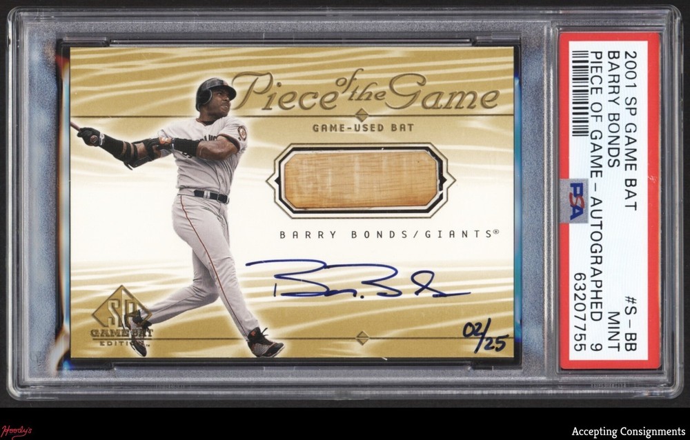 2001 SP Edition Piece of the Game Gold Barry Bonds GAME-USED BAT AUTO 2/25 PSA 9 view 1