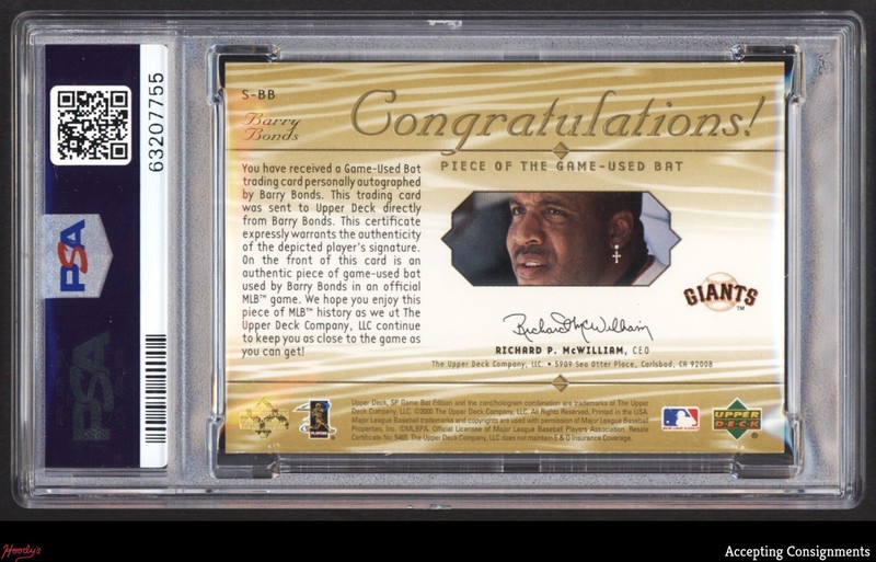 2001 SP Edition Piece of the Game Gold Barry Bonds GAME-USED BAT AUTO 2/25 PSA 9 view 2