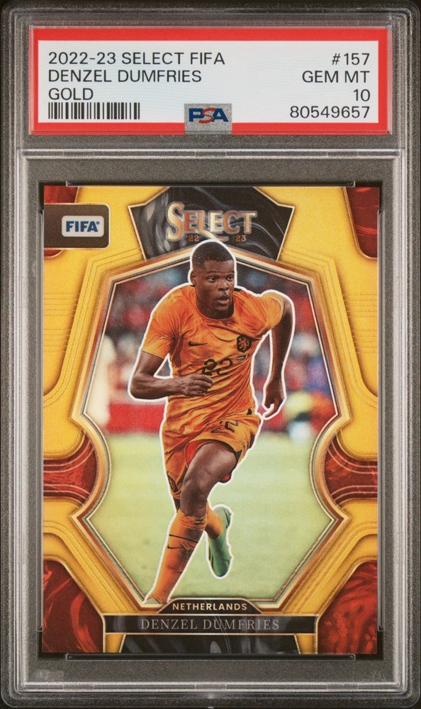 2022-23 Denzel Dumfries Panini Select FIFA Gold Prizm Netherlands 4/10 PSA 10