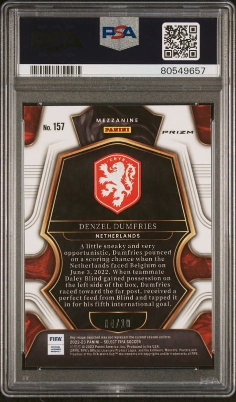 2022-23 Denzel Dumfries Panini Select FIFA Gold Prizm Netherlands 4/10 PSA 10 view 2