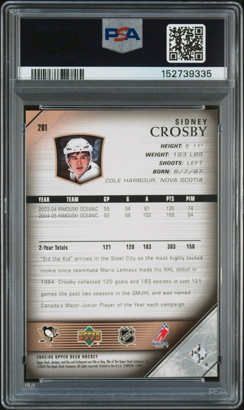 2005-06 Upper Deck Young Guns Sidney Crosby #201 Rookie RC PSA 9 view 2