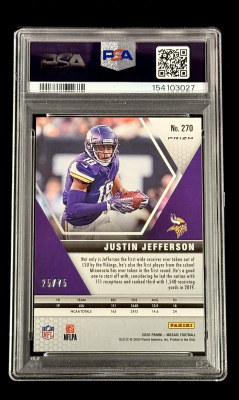 Justin Jefferson 2020 Mosaic No Huddle Blue Prizm #’d/75 PSA 10 GEM MINT view 2