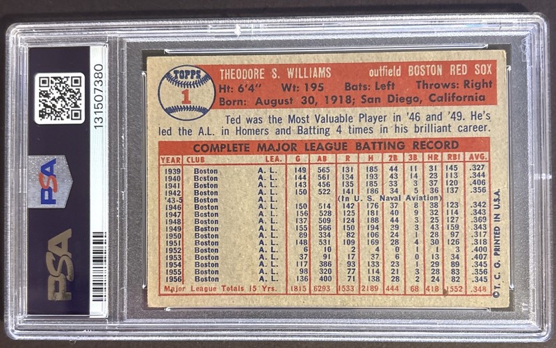 1957 Topps - Ted Williams #1 PSA 3 VG 3 Boston Red Sox view 2