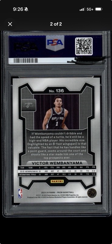 2023 Panini Prizm Victor Wembanyama Rookie Card Base #136 PSA 10 view 2