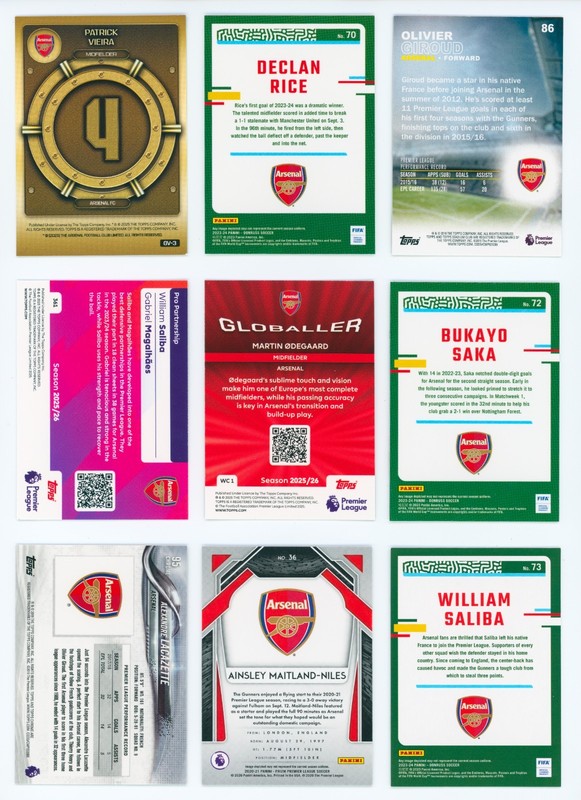 9x Arsenal FC Soccer Card Lot: Odegaard, Saka, Rice, Gabriel, Saliba, Vieira 5L3 view 2