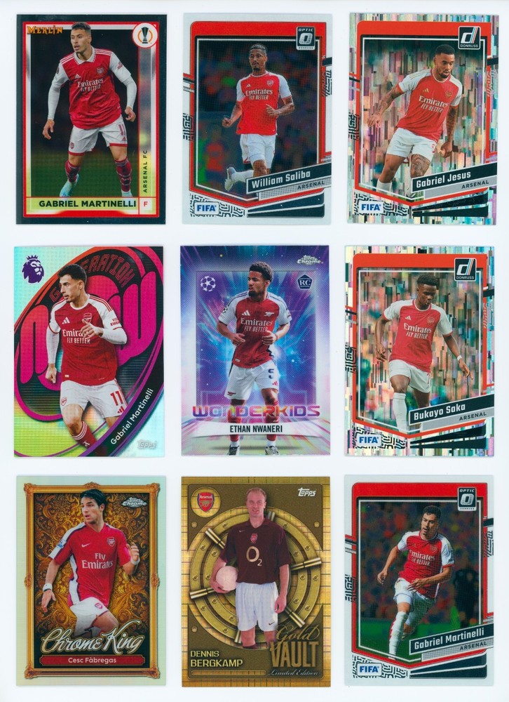 9x Arsenal FC Soccer Card Lot: Bergkamp, Saka, Martinelli, Saliba, Nwaneri 5L4