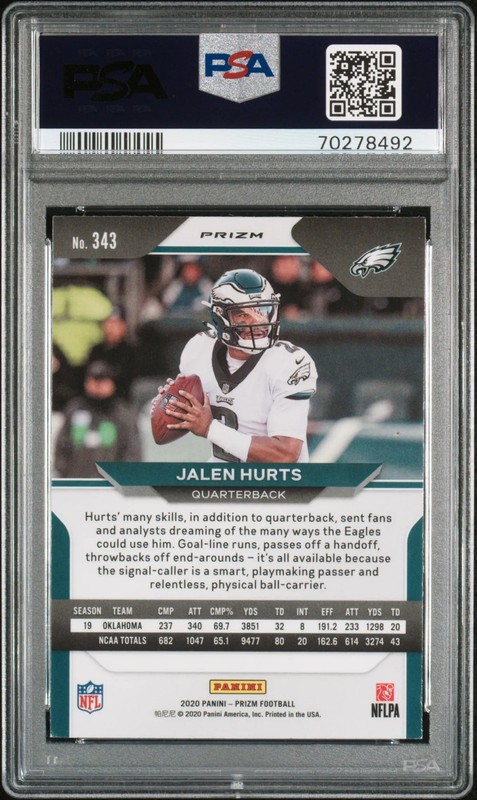 2020 Panini Prizm Jalen Hurts Disco PSA 9 view 2