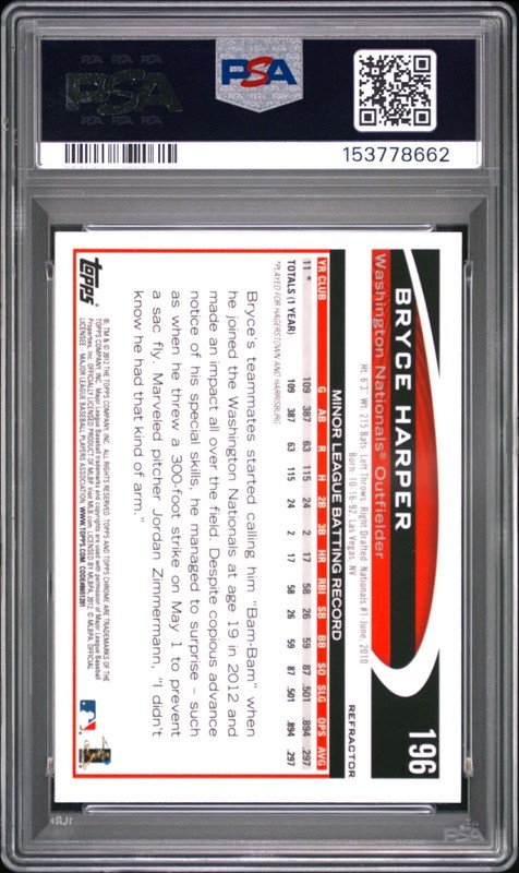 2012 Topps Chrome #196 Bryce Harper Hitting Purple Refractor (RC) PSA 9 view 2