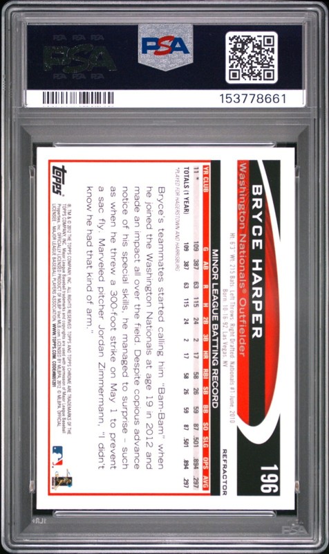 2012 Topps Chrome #196 Bryce Harper Hitting Orange Refractor Rookie PSA 9 RC view 2