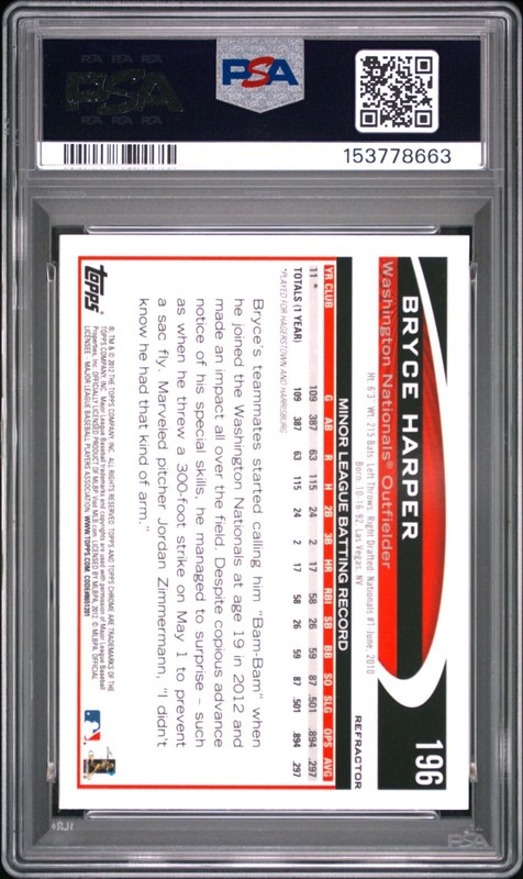 2012 Topps Chrome #196 Bryce Harper  X Fractor Rookie PSA 10 RC view 2