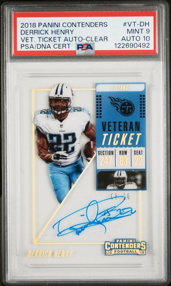 2018 CONTENDERS, DERRICK HENRY, VETERAN TICKET AUTO CLEAR 8/10; PSA 9/10 AUTO